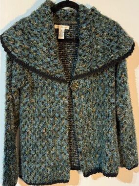 Susan Bristol Teal and Black Bouclé Open Cardigan with decorative button sweater